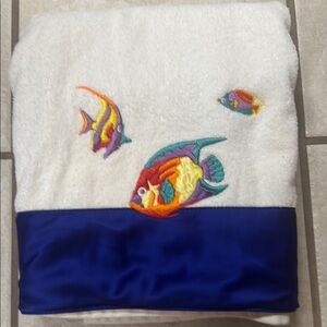 White Bath Towels With Colorful Embroidered Fish & Blue Border